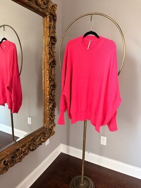 Free People Vivid Pink Oversized Rib-Knit Crew Sweater